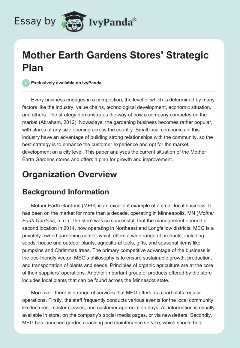Mother Earth Gardens Stores' Strategic Plan. Page 1