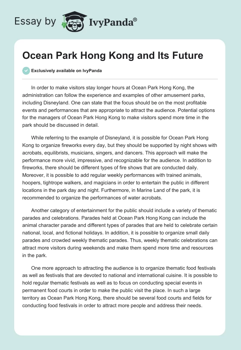 Ocean Park Hong Kong and Its Future. Page 1