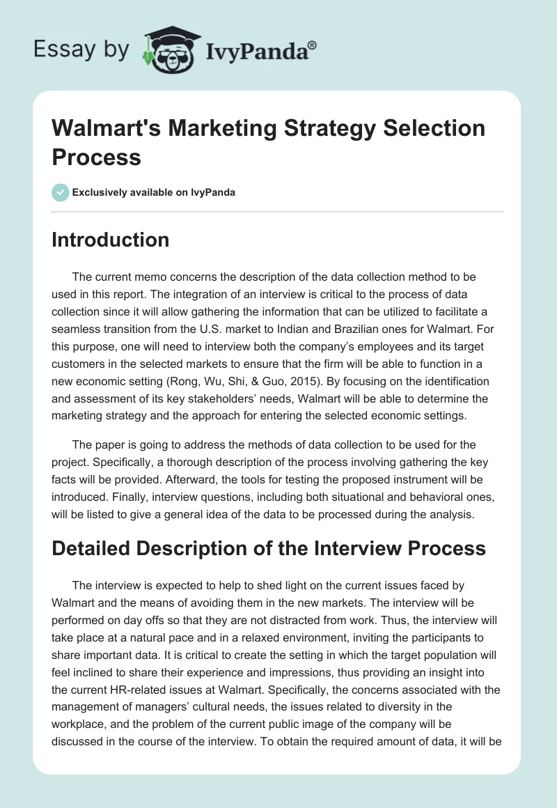 Walmart's Marketing Strategy Selection Process. Page 1