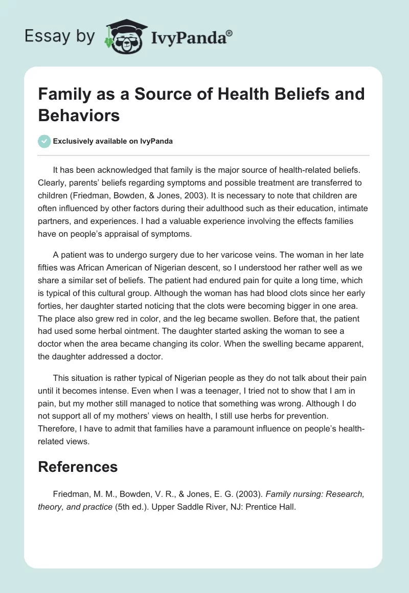 Family as a Source of Health Beliefs and Behaviors. Page 1