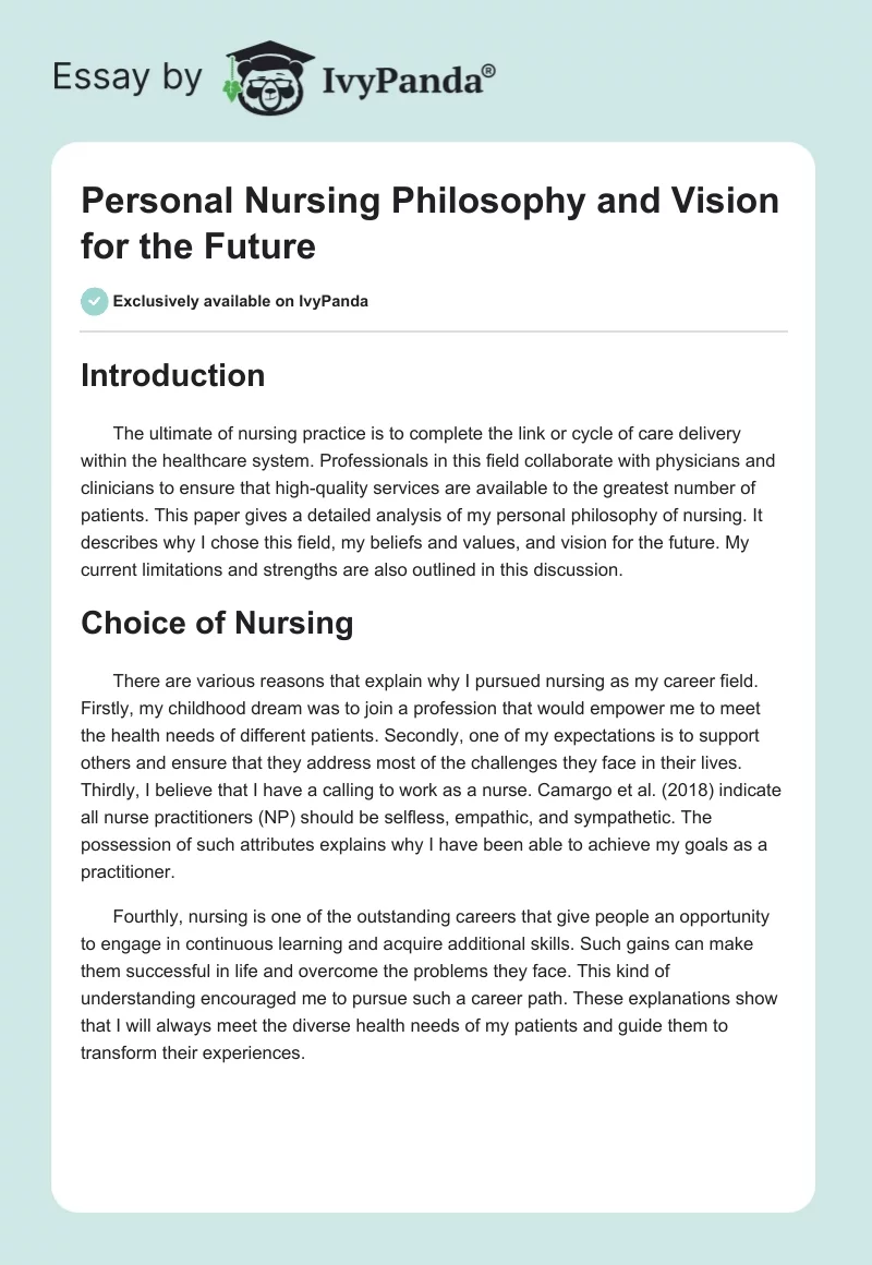 Personal Nursing Philosophy and Vision for the Future. Page 1