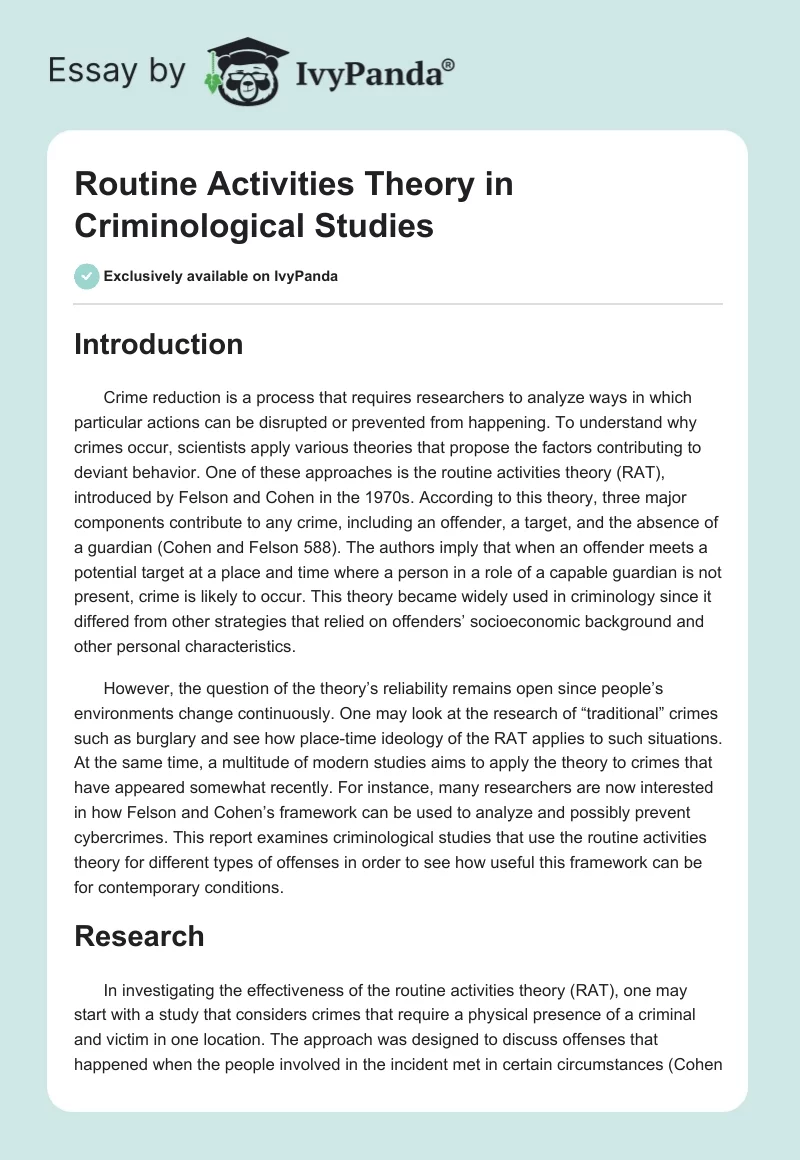 Routine Activities Theory in Criminological Studies. Page 1