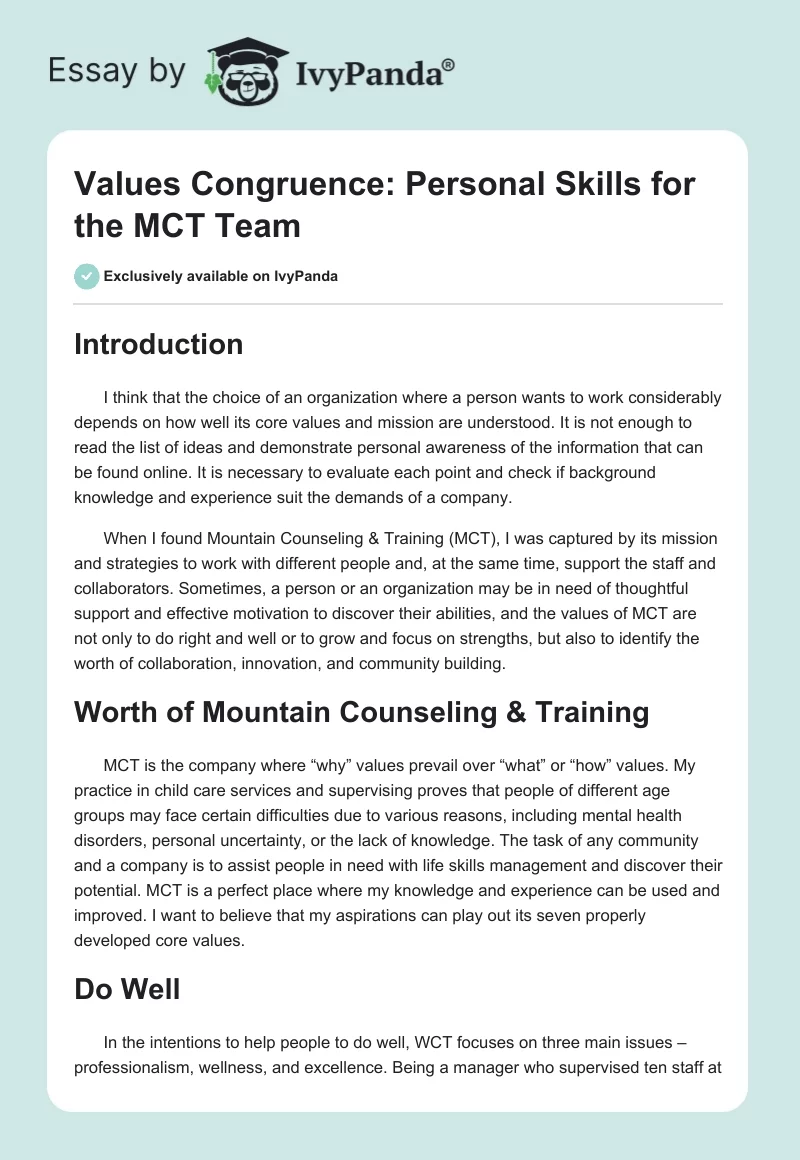 Values Congruence: Personal Skills for the MCT Team. Page 1