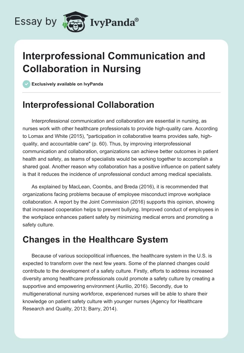 Interprofessional Communication and Collaboration in Nursing. Page 1