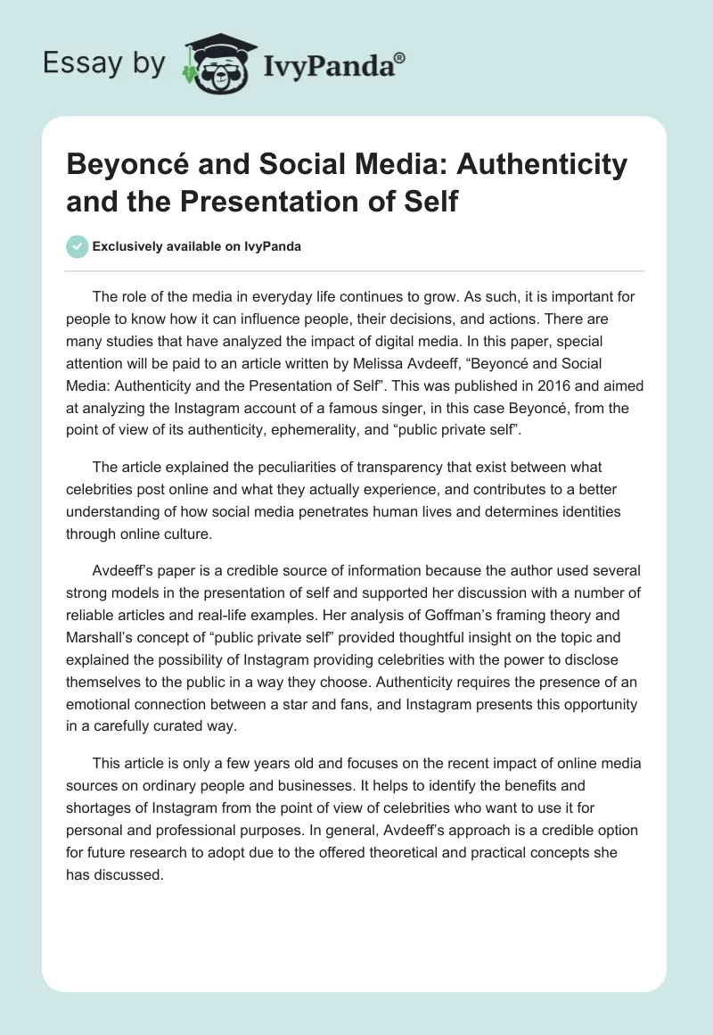 Beyoncé and Social Media: Authenticity and the Presentation of Self. Page 1