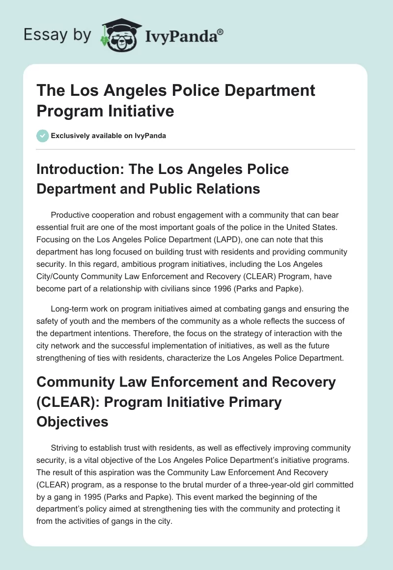 The Los Angeles Police Department Program Initiative. Page 1
