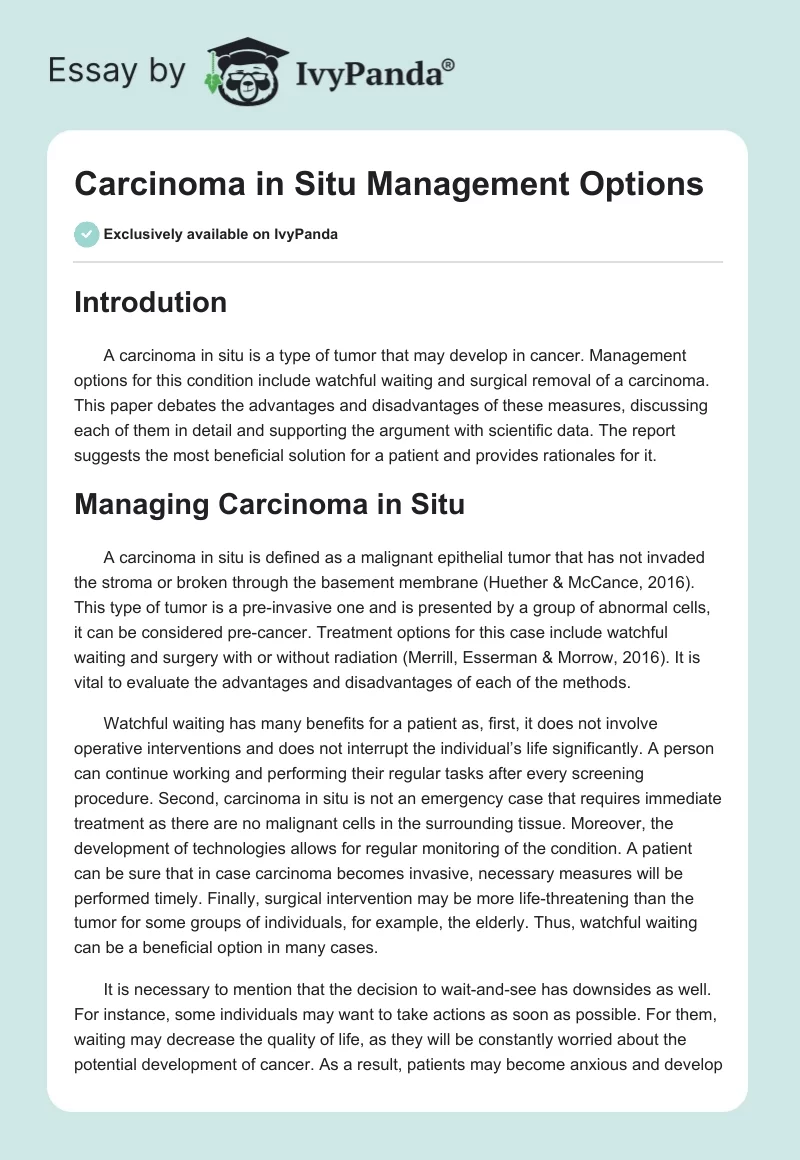 Carcinoma in Situ Management Options. Page 1