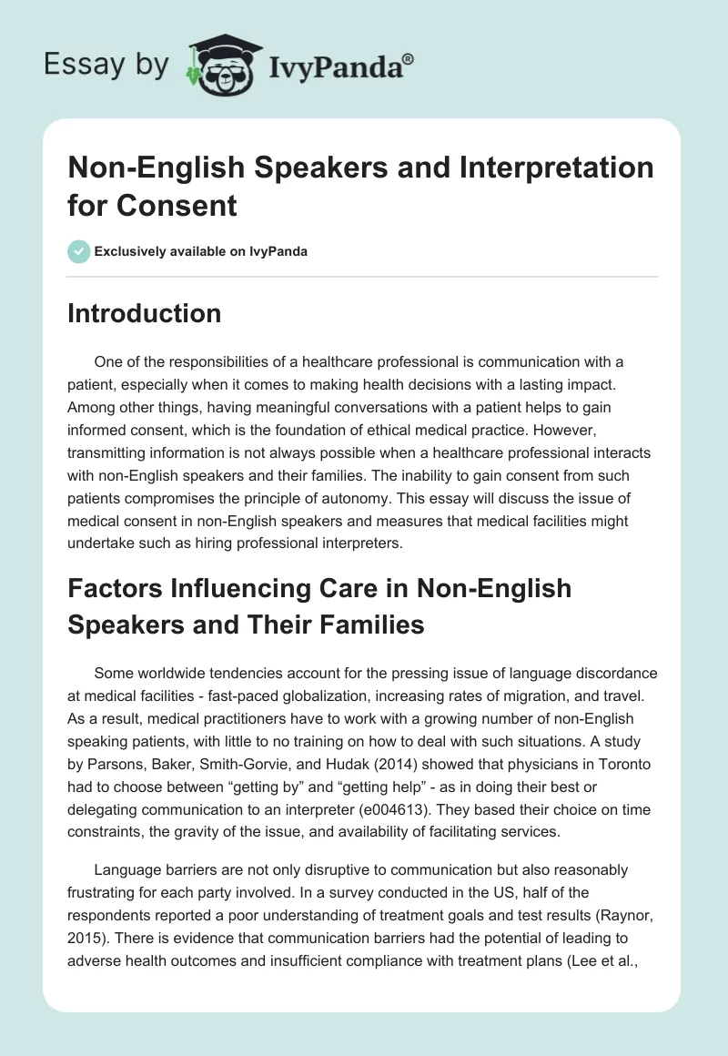 Non-English Speakers and Interpretation for Consent. Page 1