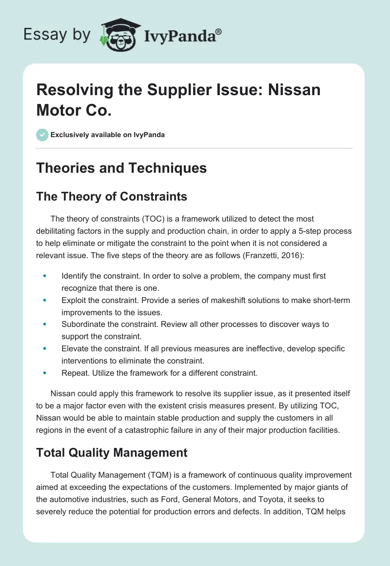 Resolving the Supplier Issue: Nissan Motor Co.. Page 1
