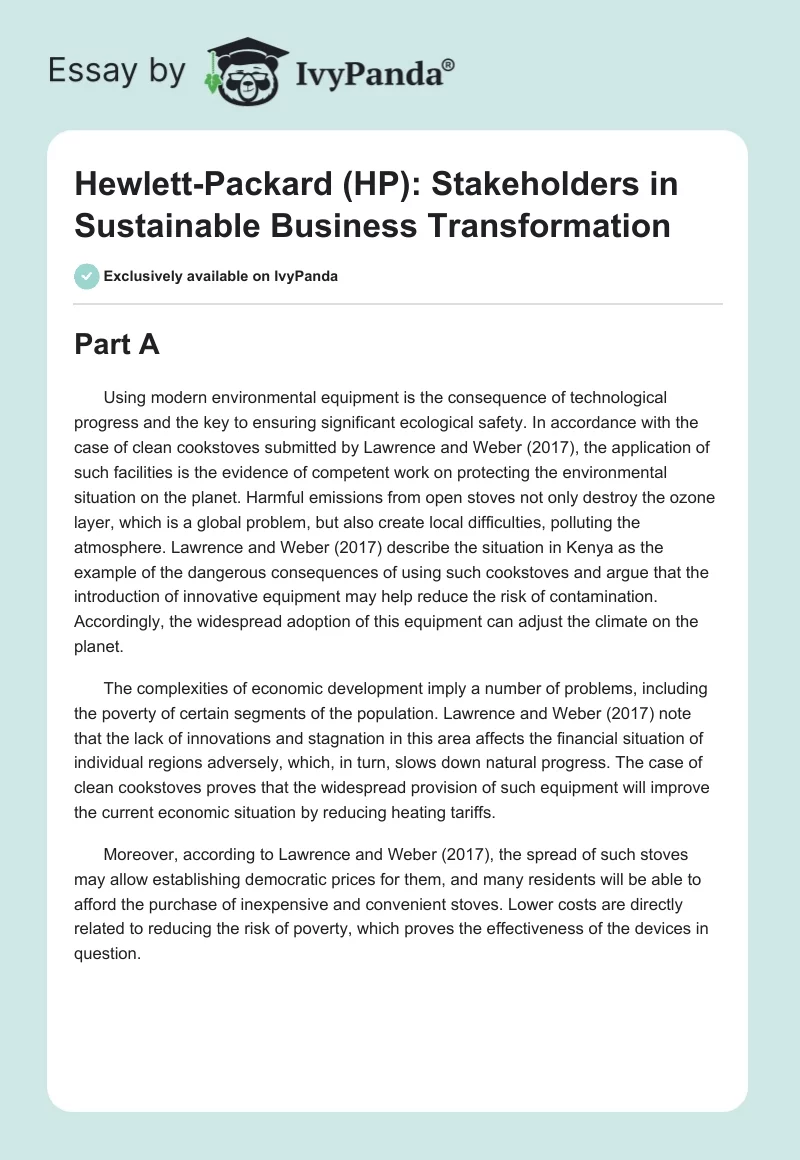 Hewlett-Packard (HP): Stakeholders in Sustainable Business Transformation. Page 1