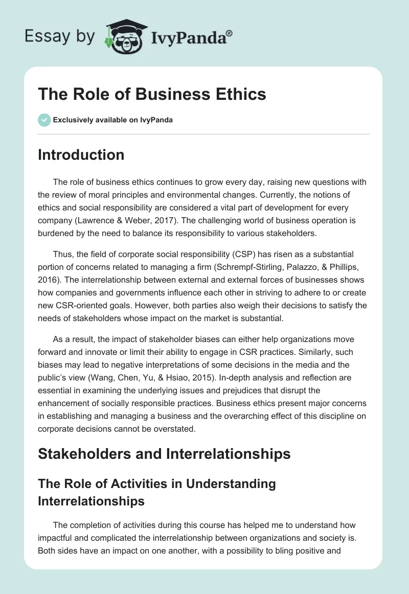 The Role of Business Ethics. Page 1