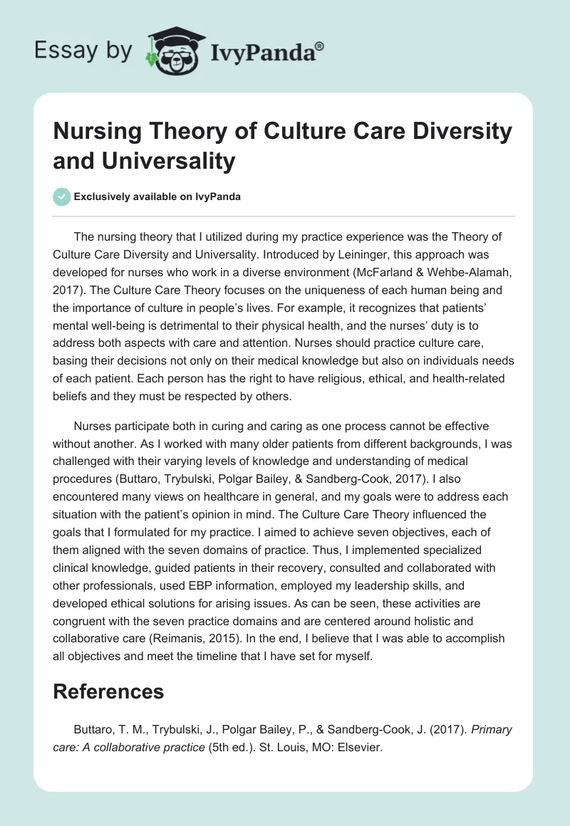 Nursing Theory of Culture Care Diversity and Universality. Page 1