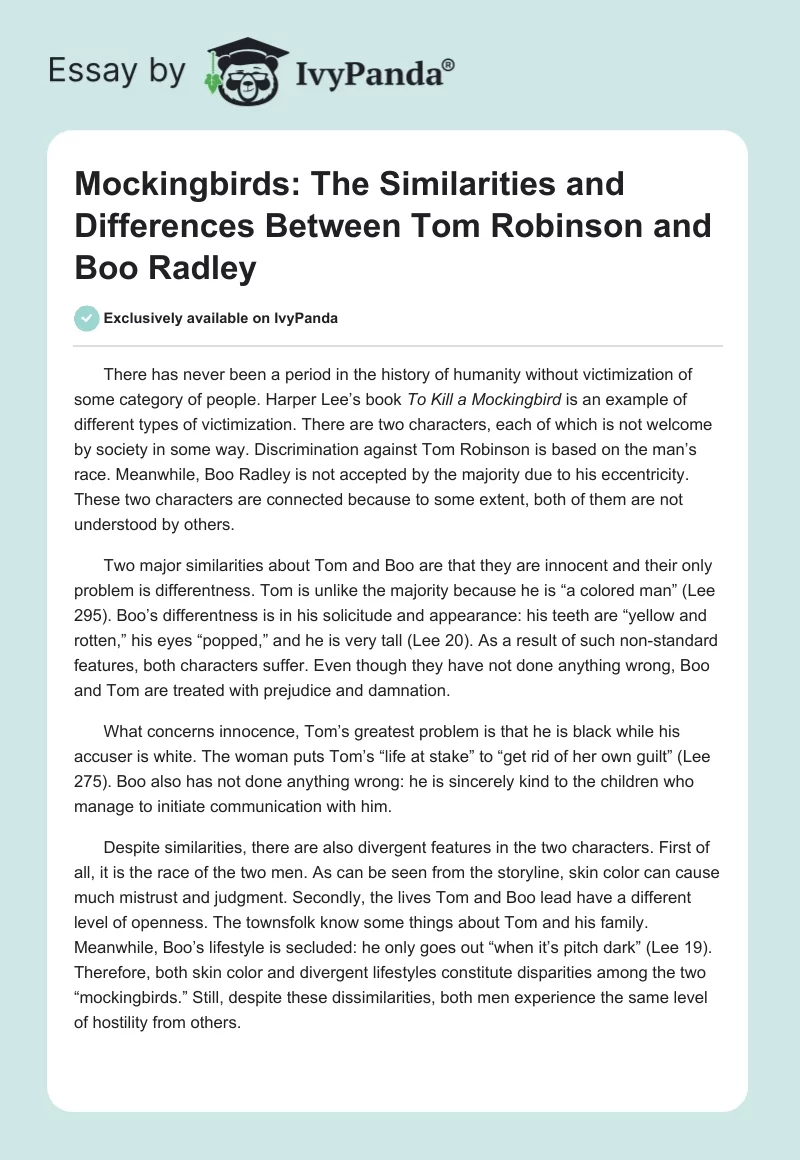 Mockingbirds: The Similarities and Differences Between Tom Robinson and Boo Radley. Page 1