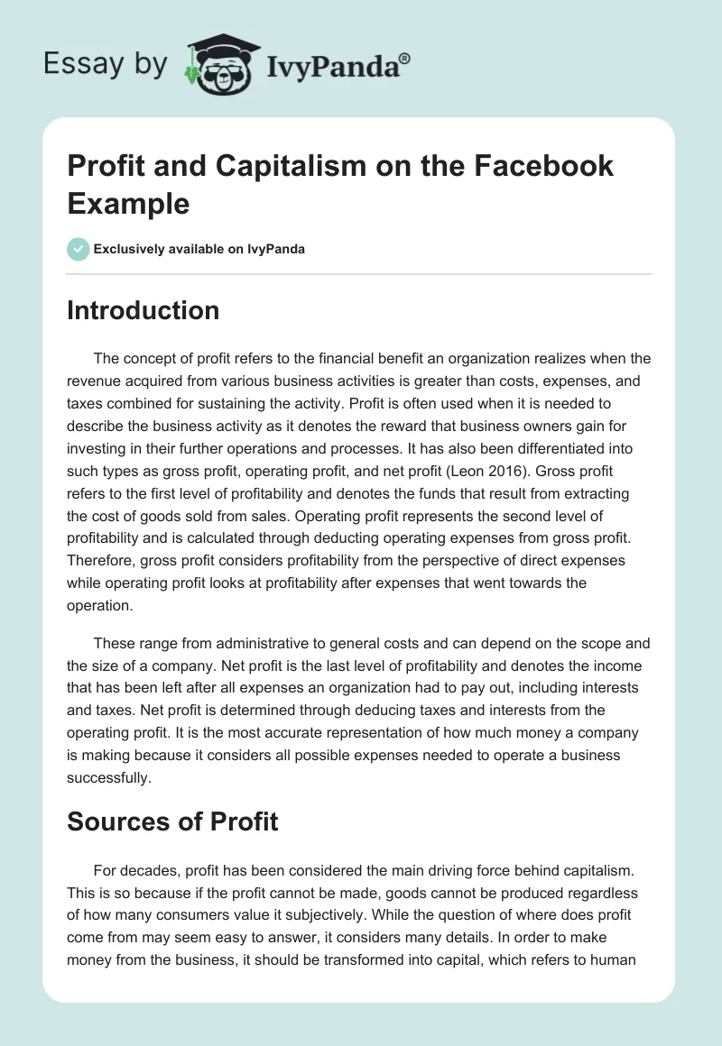 Profit and Capitalism on the Facebook Example. Page 1