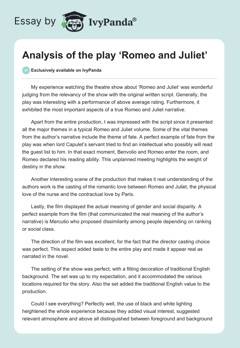 Analysis of the Play ‘Romeo and Juliet’. Page 1