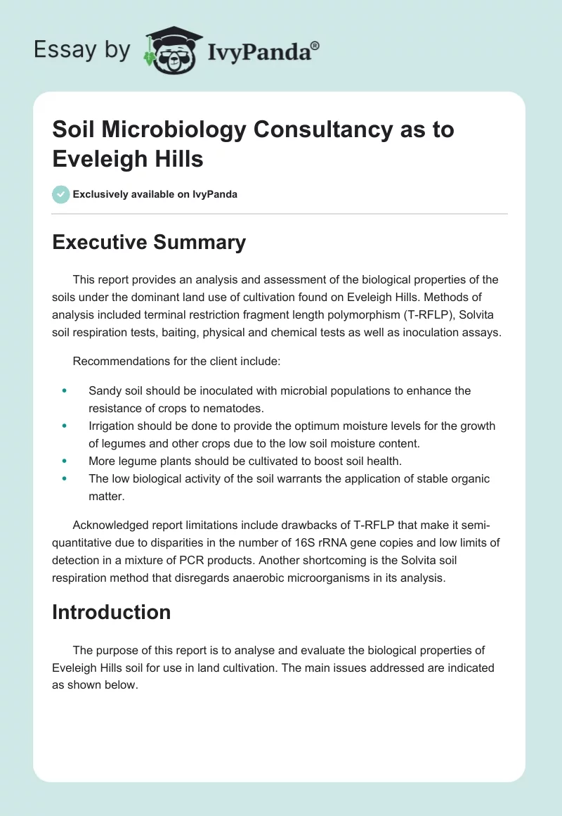 Soil Microbiology Consultancy as to Eveleigh Hills. Page 1