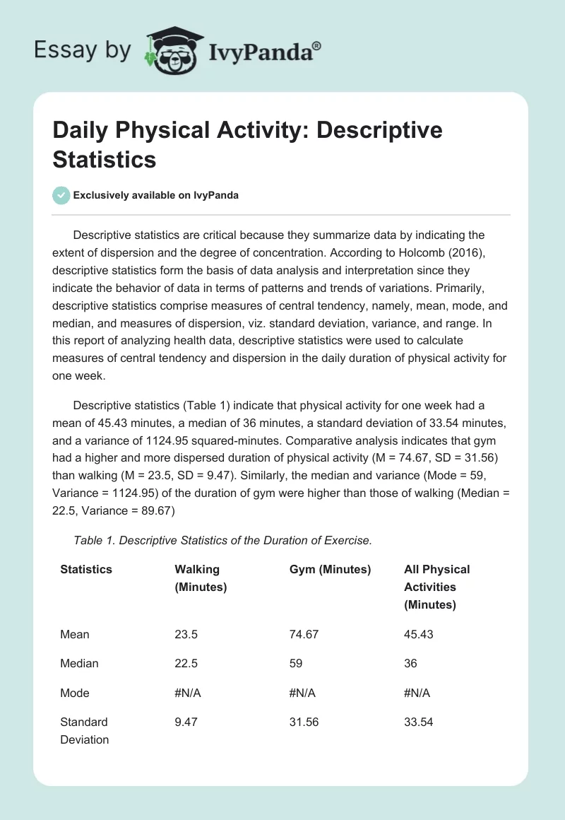Daily Physical Activity: Descriptive Statistics. Page 1