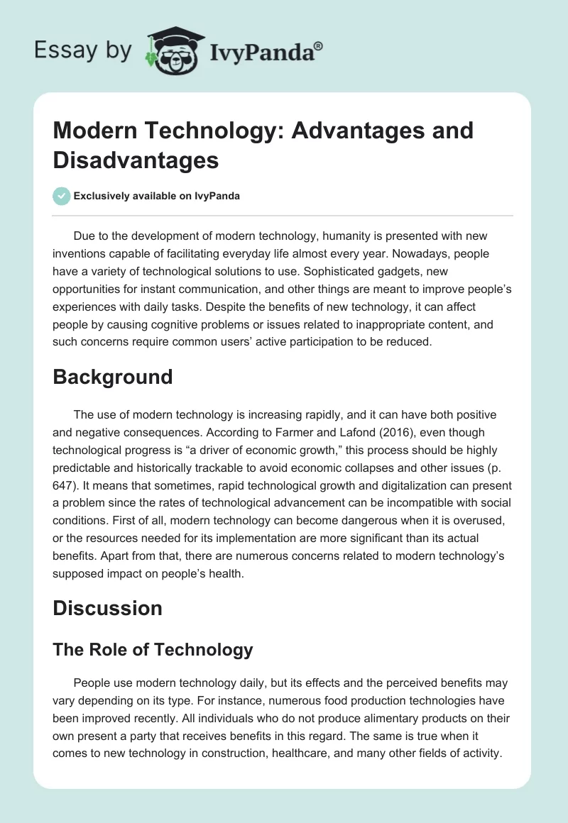 Modern Technology: Advantages and Disadvantages. Page 1