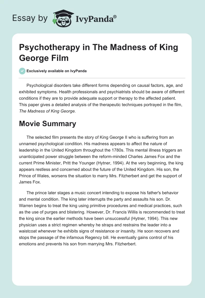 Psychotherapy in "The Madness of King George" Film. Page 1