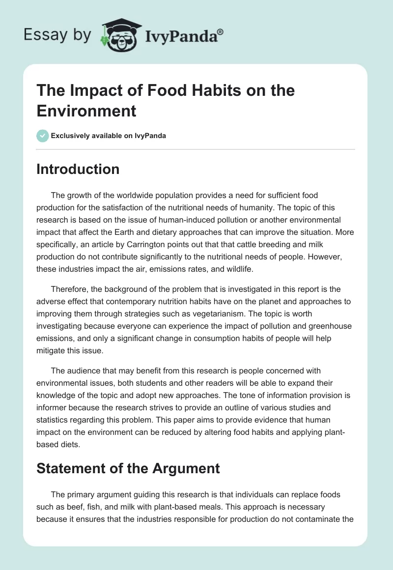 The Impact of Food Habits on the Environment. Page 1