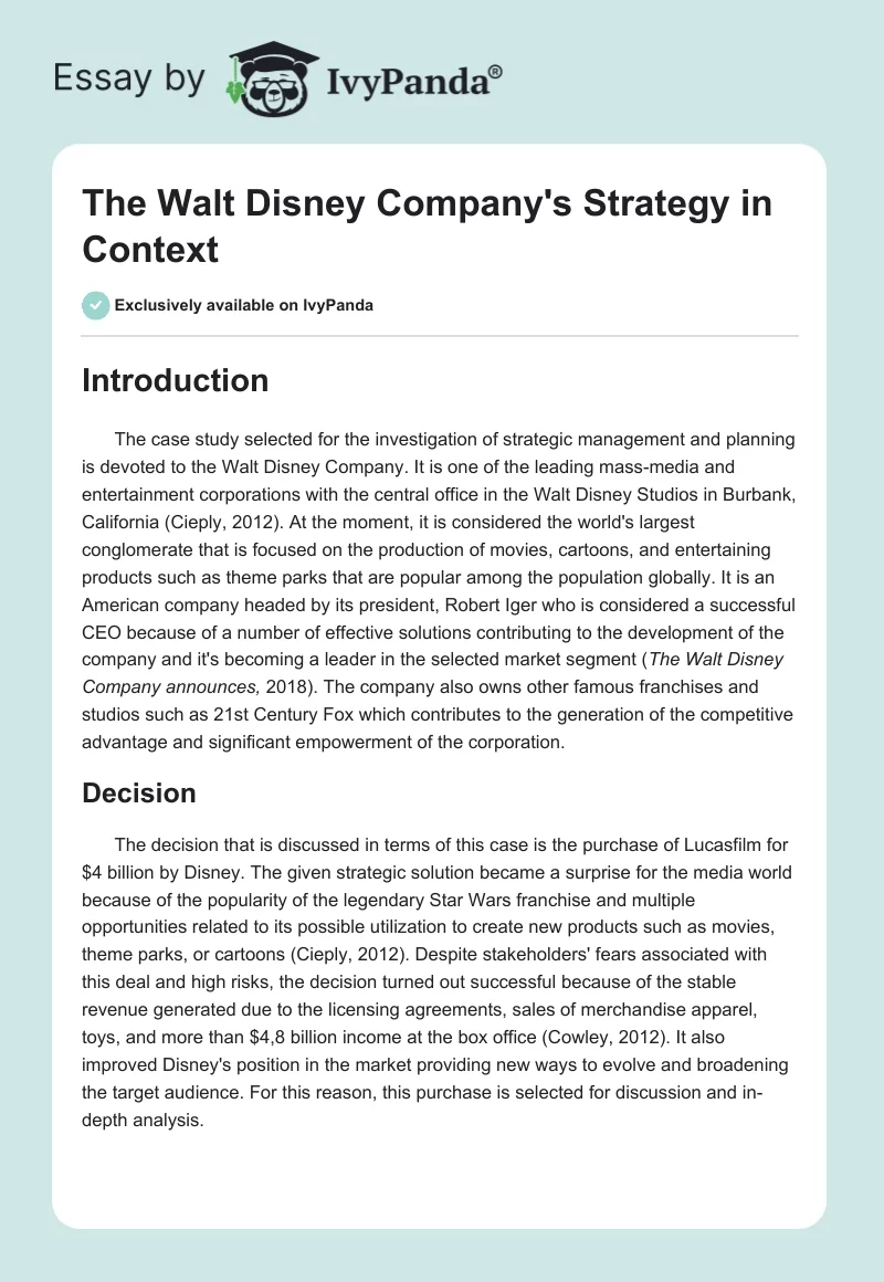 The Walt Disney Company's Strategy in Context. Page 1