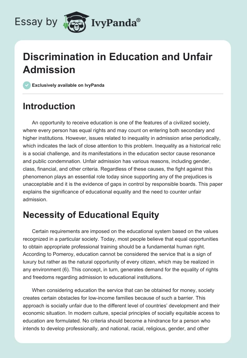 Discrimination in Education and Unfair Admission. Page 1