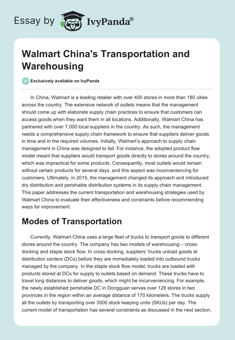 Walmart China's Transportation and Warehousing. Page 1