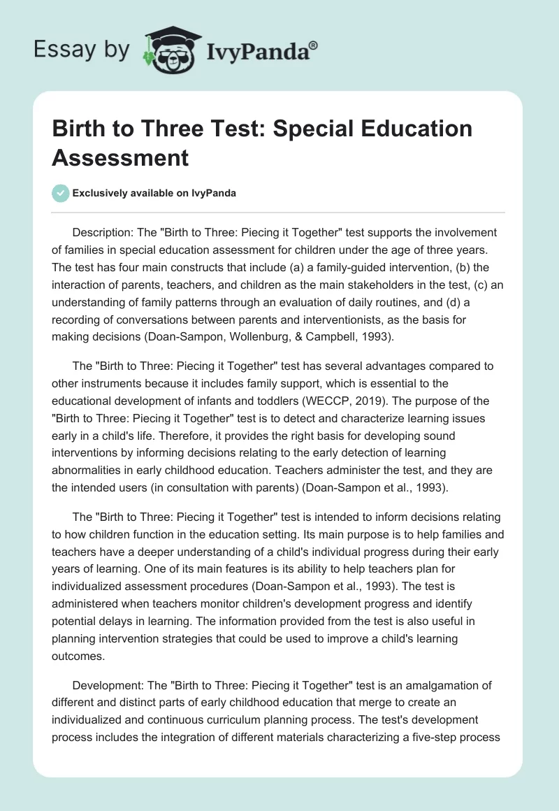 Birth to Three Test: Special Education Assessment. Page 1