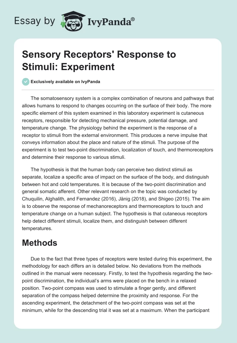 Sensory Receptors' Response to Stimuli: Experiment. Page 1