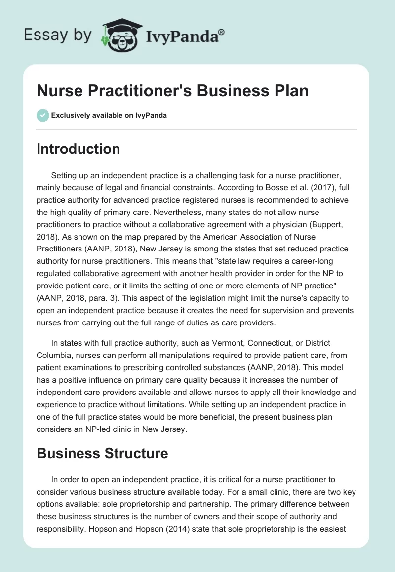 Nurse Practitioner's Business Plan. Page 1