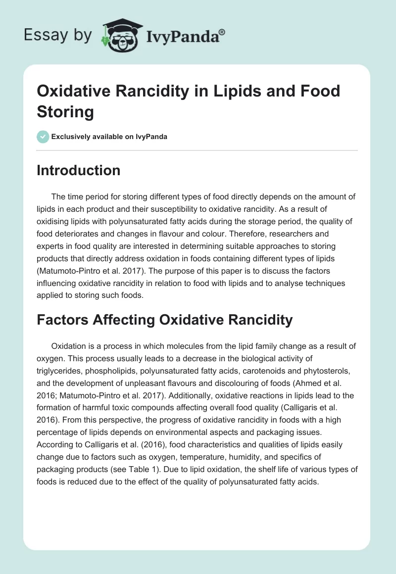 Oxidative Rancidity in Lipids and Food Storing. Page 1