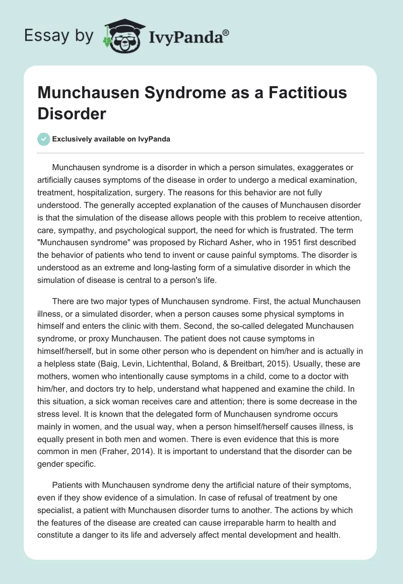 Munchausen Syndrome as a Factitious Disorder. Page 1