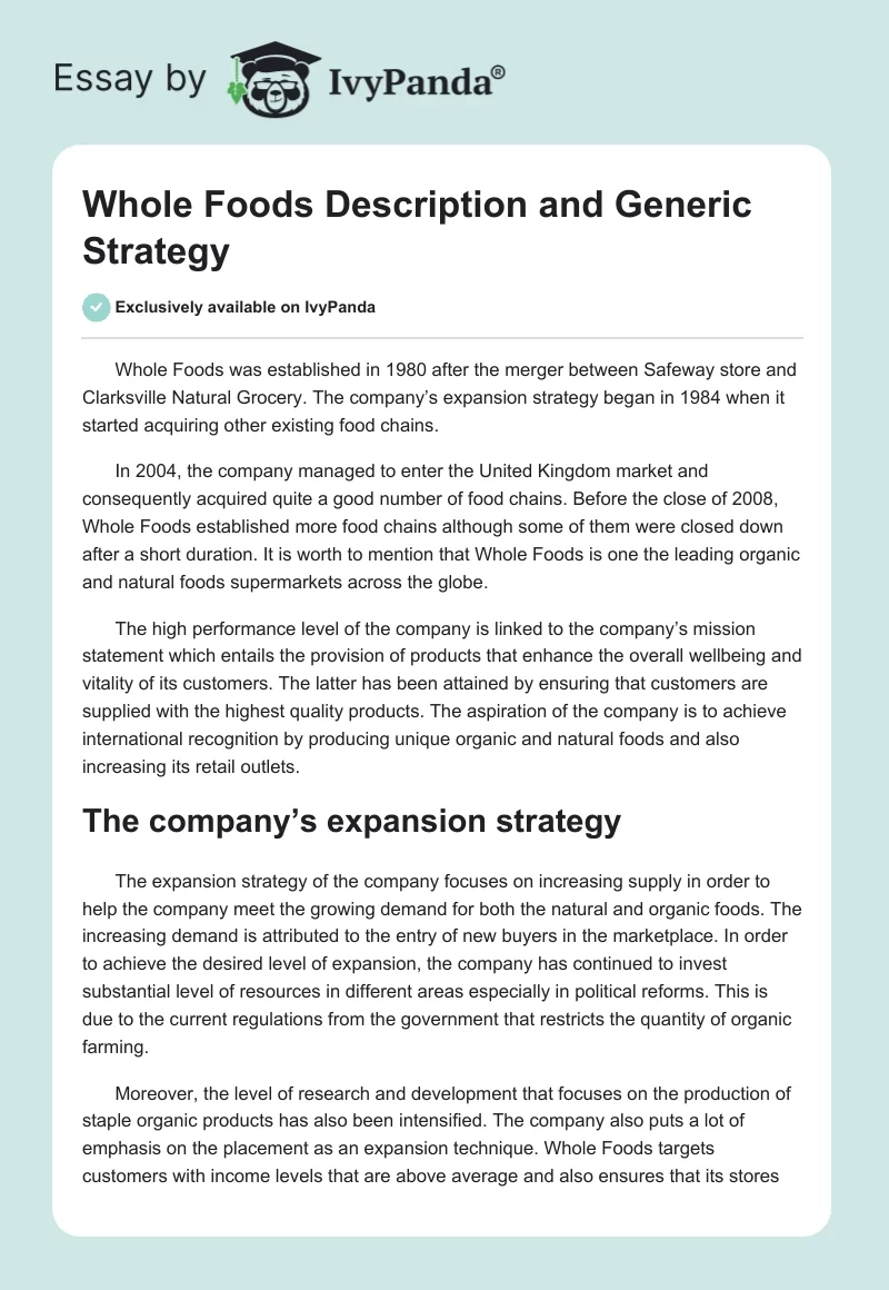 Whole Foods Description and Generic Strategy. Page 1