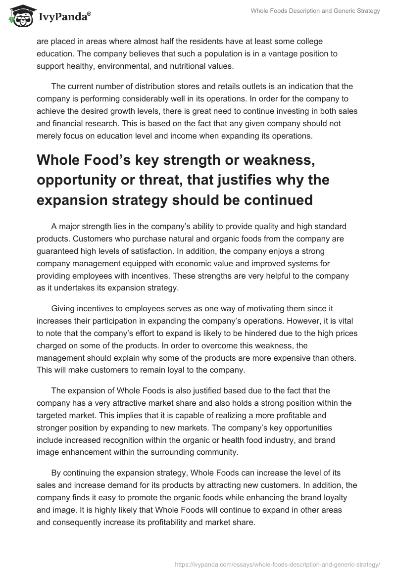 Whole Foods Description and Generic Strategy. Page 2
