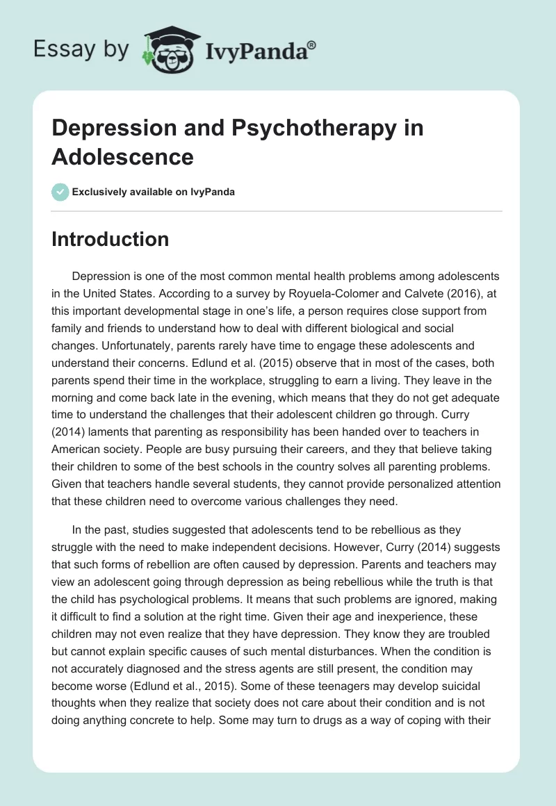 Depression and Psychotherapy in Adolescence. Page 1