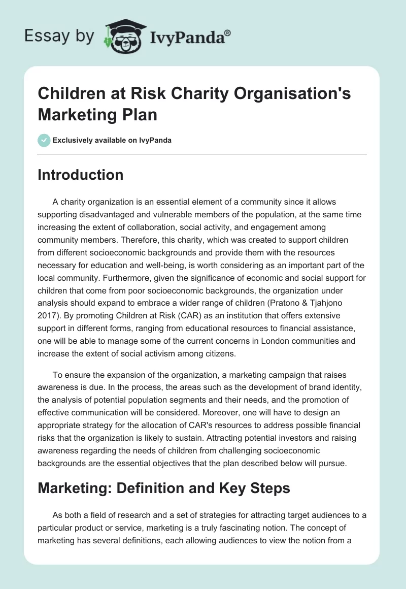Children at Risk Charity Organisation's Marketing Plan. Page 1