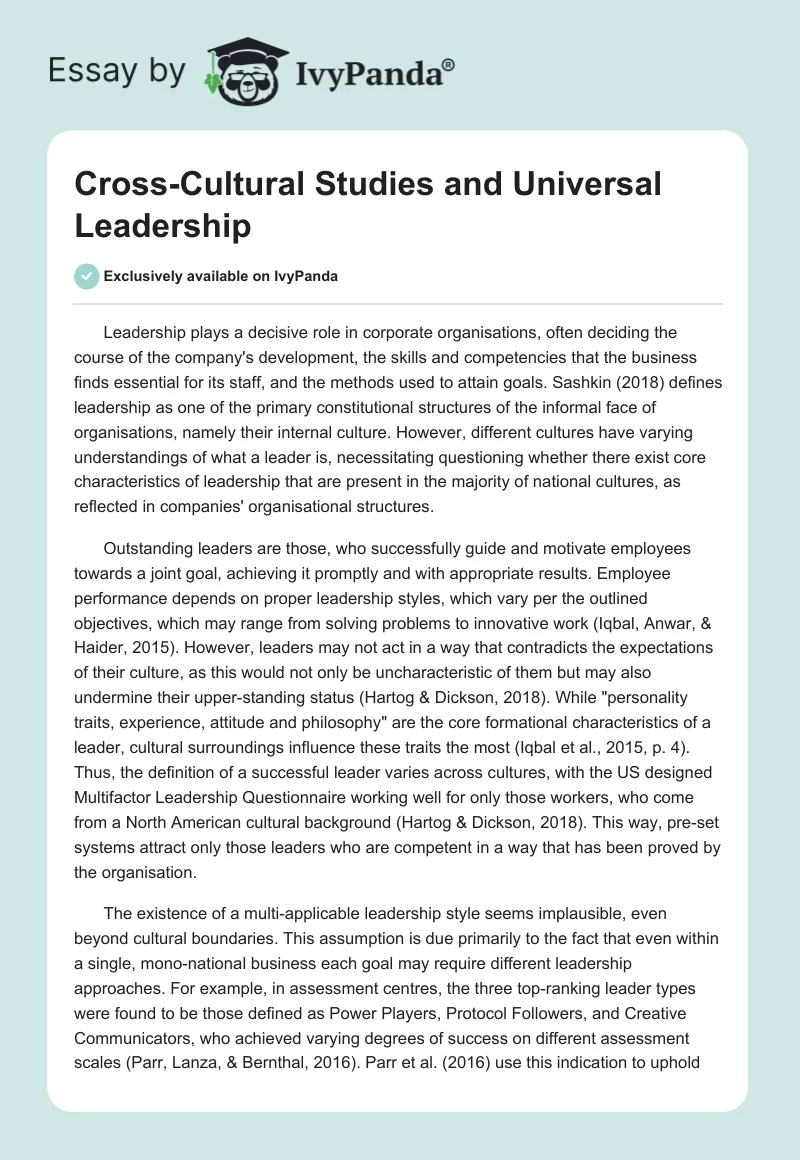 Cross-Cultural Studies and Universal Leadership. Page 1