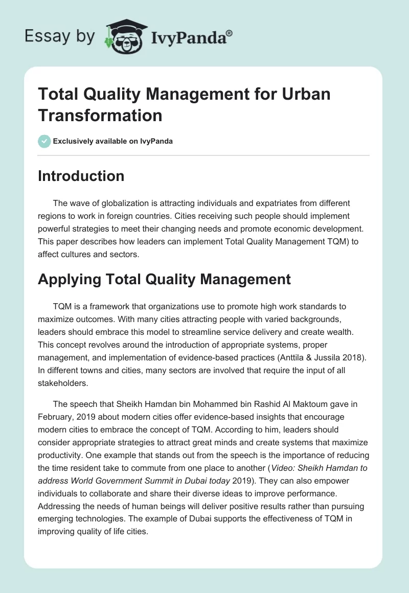 Total Quality Management for Urban Transformation. Page 1