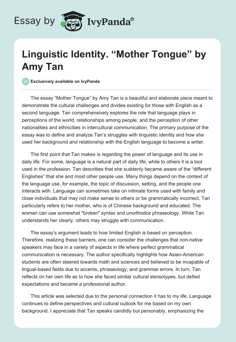 Linguistic Identity. “Mother Tongue” by Amy Tan. Page 1