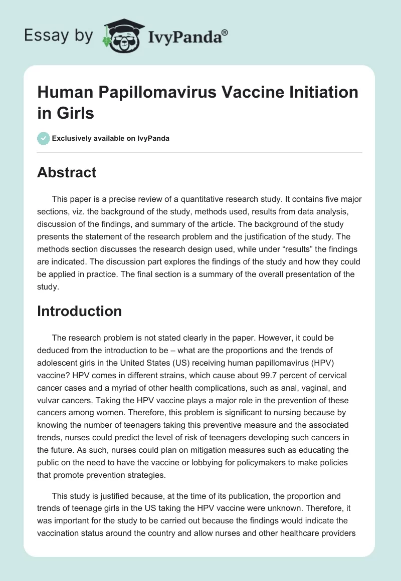 Human Papillomavirus Vaccine Initiation in Girls. Page 1