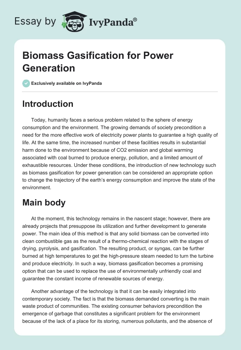 Biomass Gasification for Power Generation. Page 1