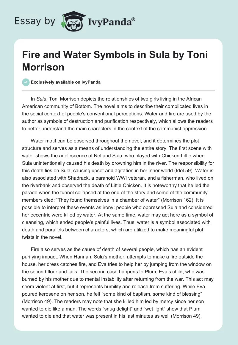 Fire and Water Symbols in "Sula" by Toni Morrison. Page 1