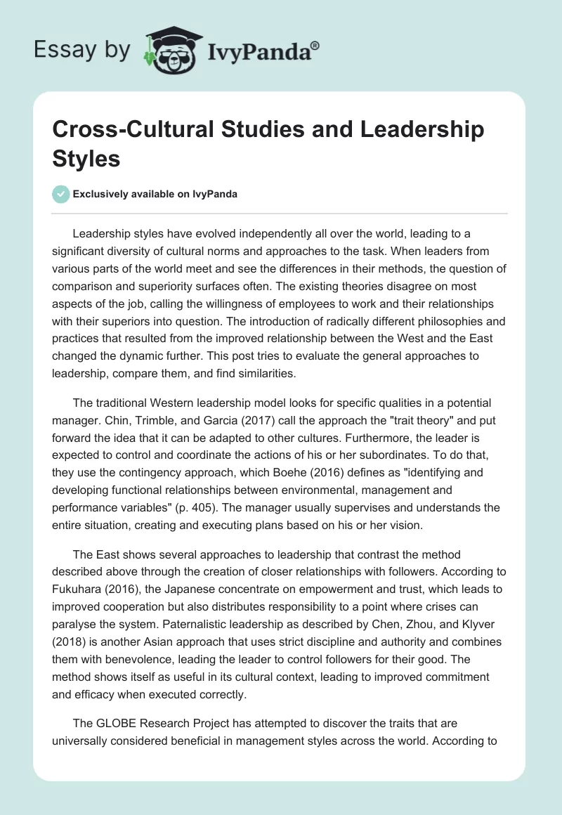Cross-Cultural Studies and Leadership Styles. Page 1