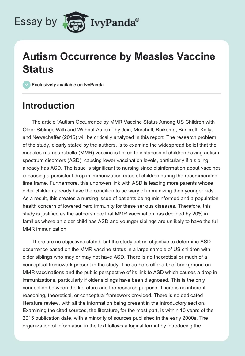 Autism Occurrence by Measles Vaccine Status. Page 1
