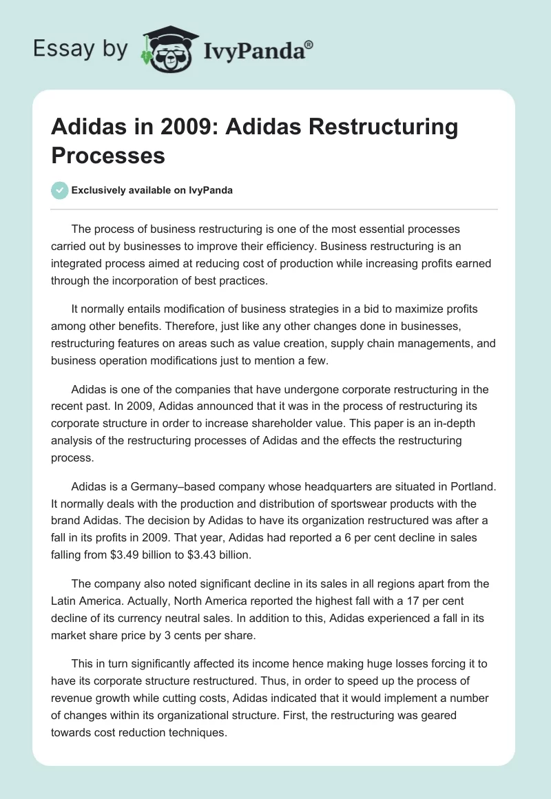 Adidas in 2009: Adidas Restructuring Processes. Page 1