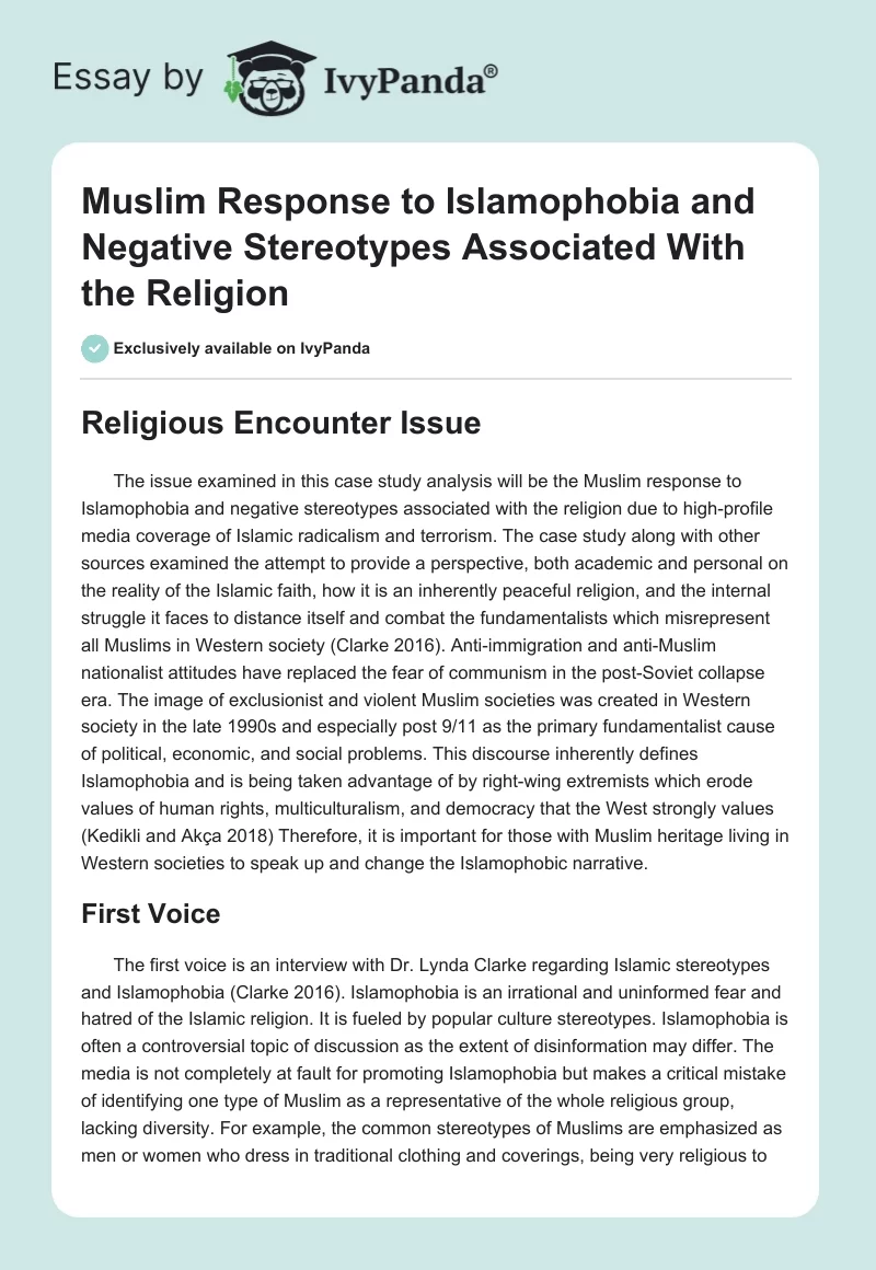 Muslim Response to Islamophobia and Negative Stereotypes Associated With the Religion. Page 1