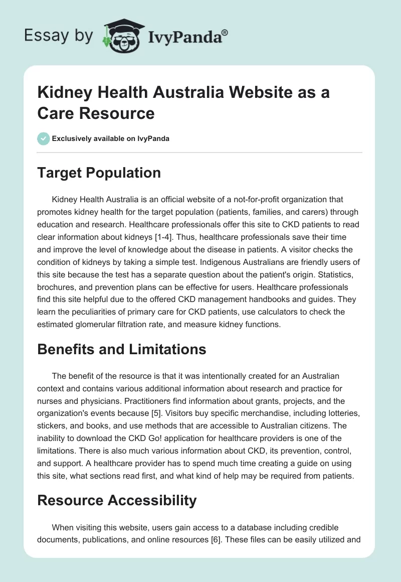 Kidney Health Australia Website as a Care Resource. Page 1