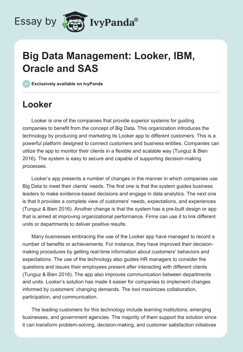 Big Data Management: Looker, IBM, Oracle and SAS. Page 1