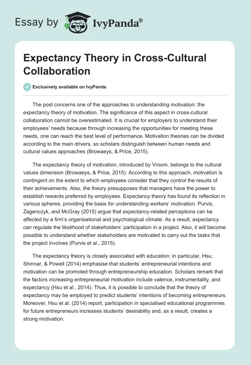 Expectancy Theory in Cross-Cultural Collaboration. Page 1