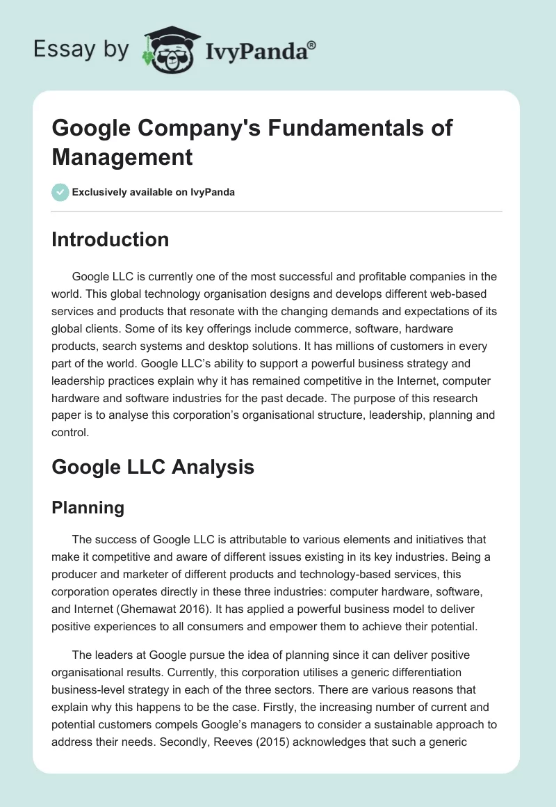 Google Company's Fundamentals of Management. Page 1